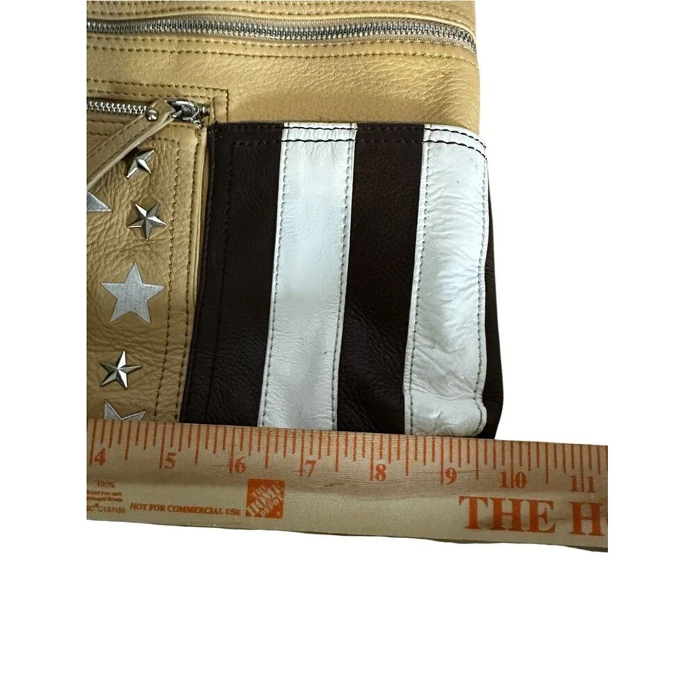 Sharif 1827 Leather Crossbody Organizer Bag Tan Studded Stars Striped Pocket